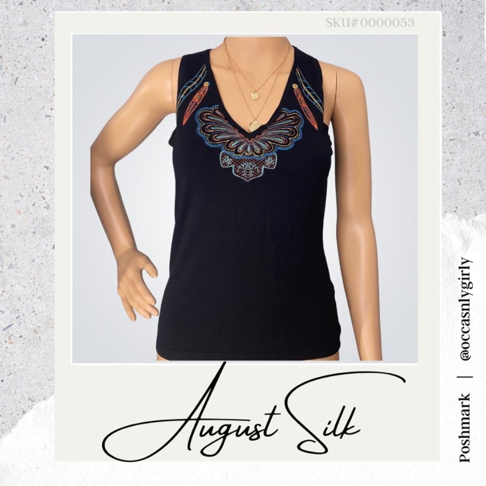 August Silk Feather Embroidered V-Neck Tank Top